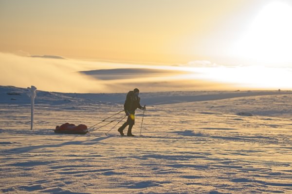 Solo expedition across arctic snow at golden sunset